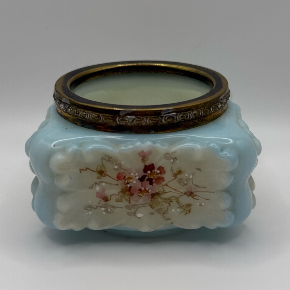 Milk Glass Antique Signed Wavecrest Trinket Dish Pin Holder Handpainted Brass
